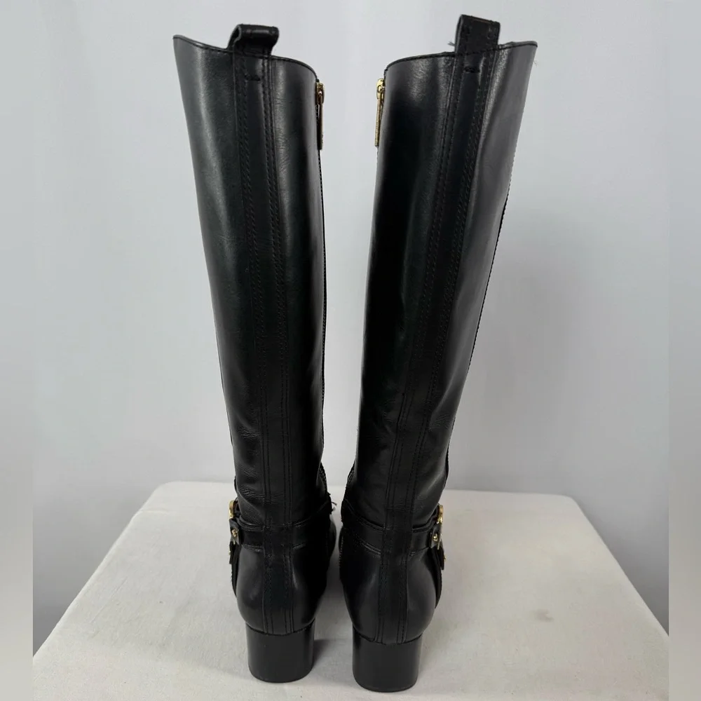 Vintage Y2K Tory Burch Leather Gold Logo Knee‎ High Heeled Boots in Black Size 7